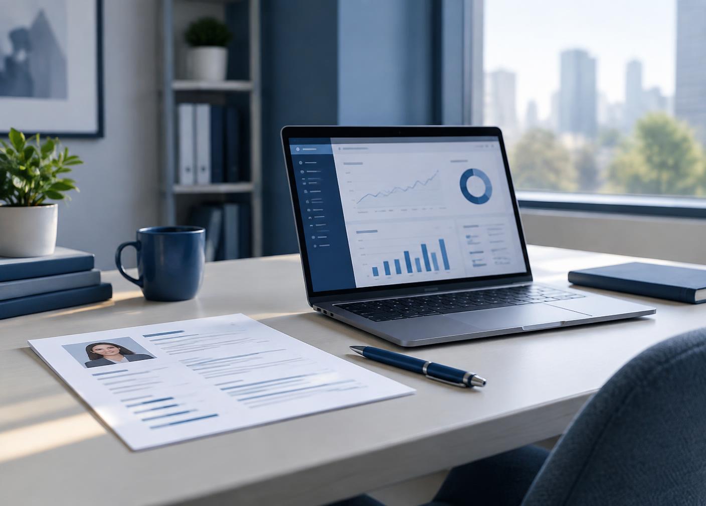 A desk with a printed CV beside a laptop showing a hiring dashboard